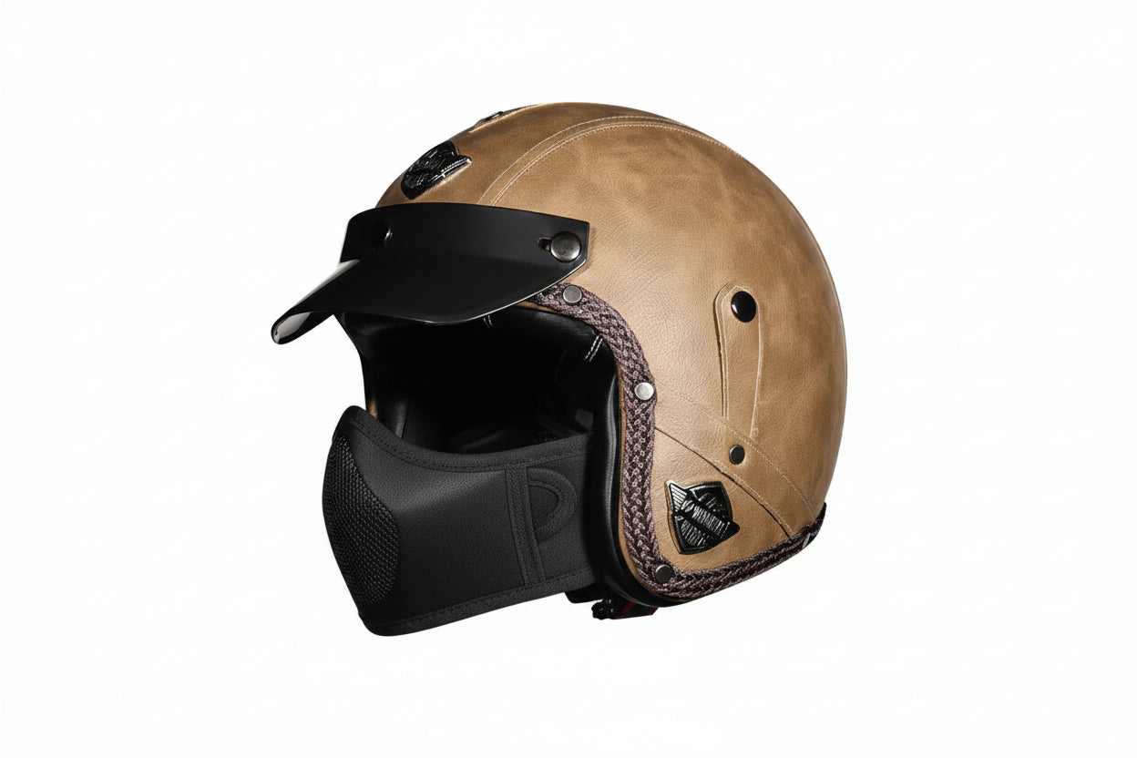 Retro 3/4 Öppen Motorcykelhjälm – PU-läder & DOT-certifierad