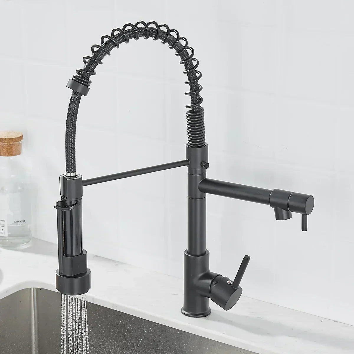 LumaFlow Dual Spout Kitchen Faucet In Black And Gold