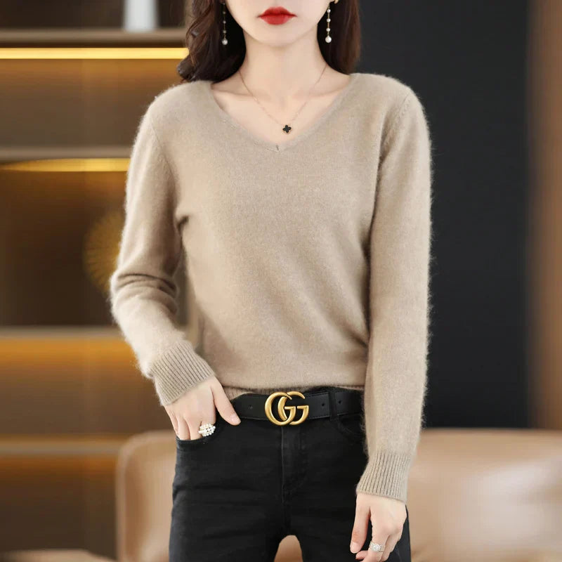 LunaWeave 100% Cashmere V-Neck Sweater For Women Slim Fit