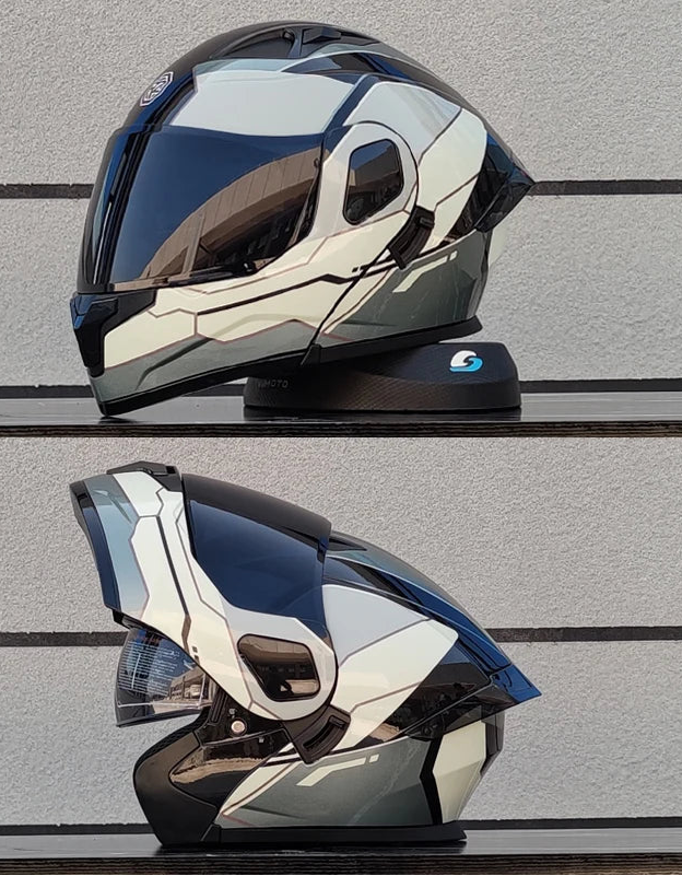 Teljes arcú, felnyitható motoros bukósisak két lencsés plexivel, DOT tanúsítvánnyal