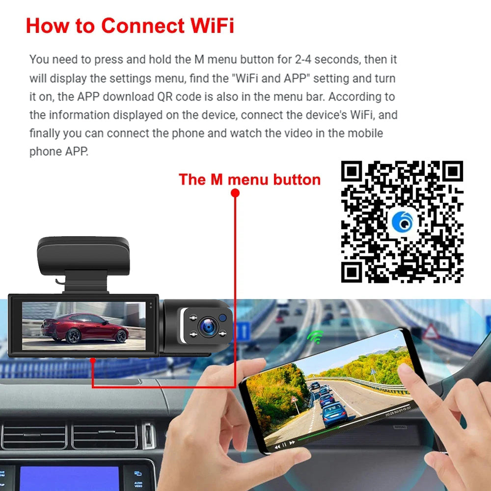Dash cam WiFi 1080P con doppie lenti anteriori e cabina
