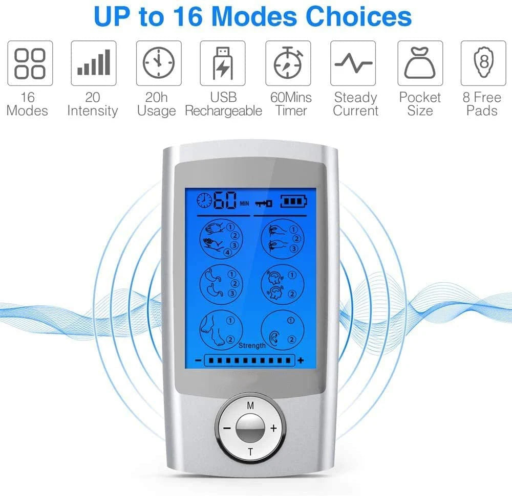 Stimulateur musculaire TENS EMS avec 16 modes et 10 niveaux d'intensité pour la relaxation