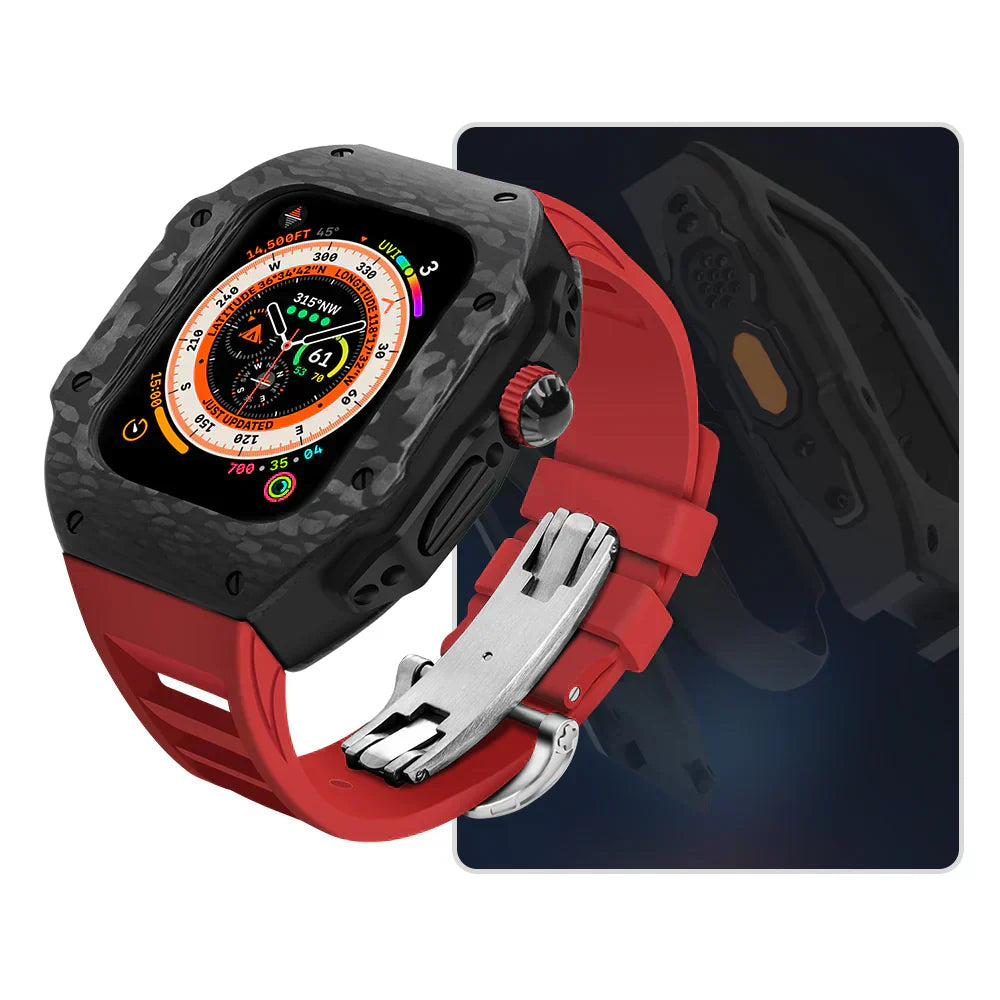 طقم ترقية حزام فلورورابر فيلارو وعلبة ألياف كربون من الفولاذ المقاوم للصدأ 316L لساعه أبل | بيتبروفاك