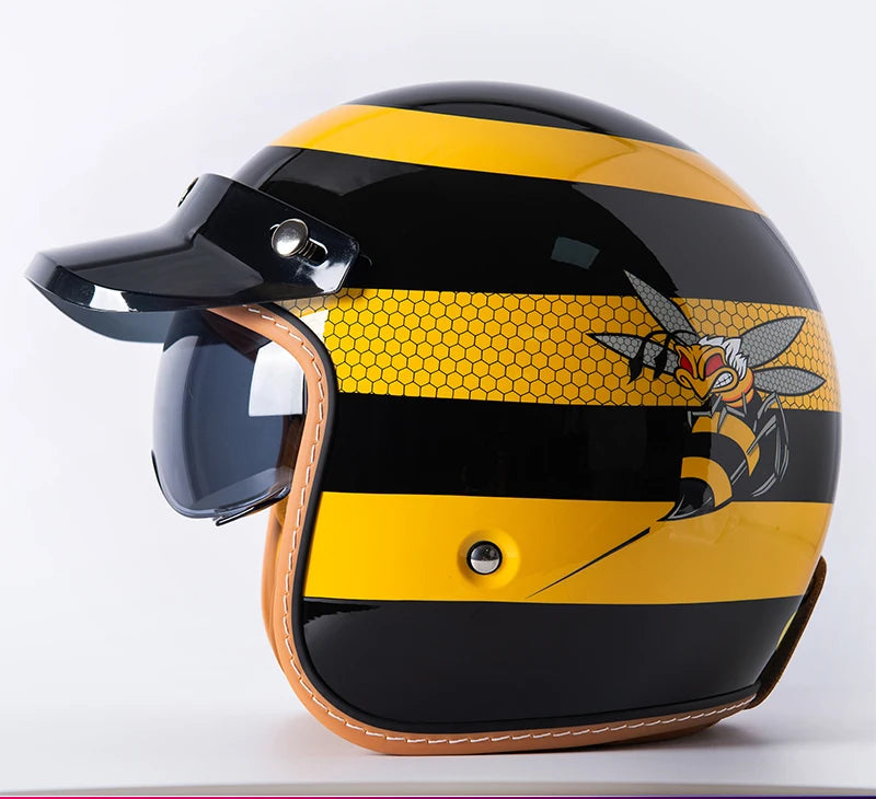Retro Bee Open-Face Motorcycle Helmet with Built-In Visor