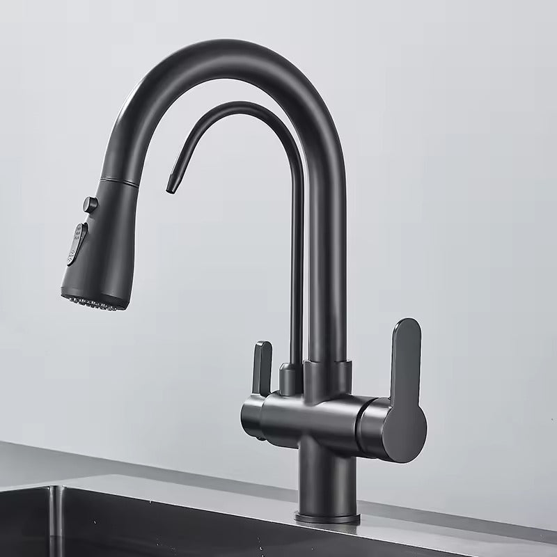 Matte Black Filter Faucet for the Kitchen, Pull-Out Spray, 360° Rotation, Three-Way Water Filter Tap, Sink Mixer
