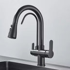 Matte Black Filter Faucet for the Kitchen, Pull-Out Spray, 360° Rotation, Three-Way Water Filter Tap, Sink Mixer