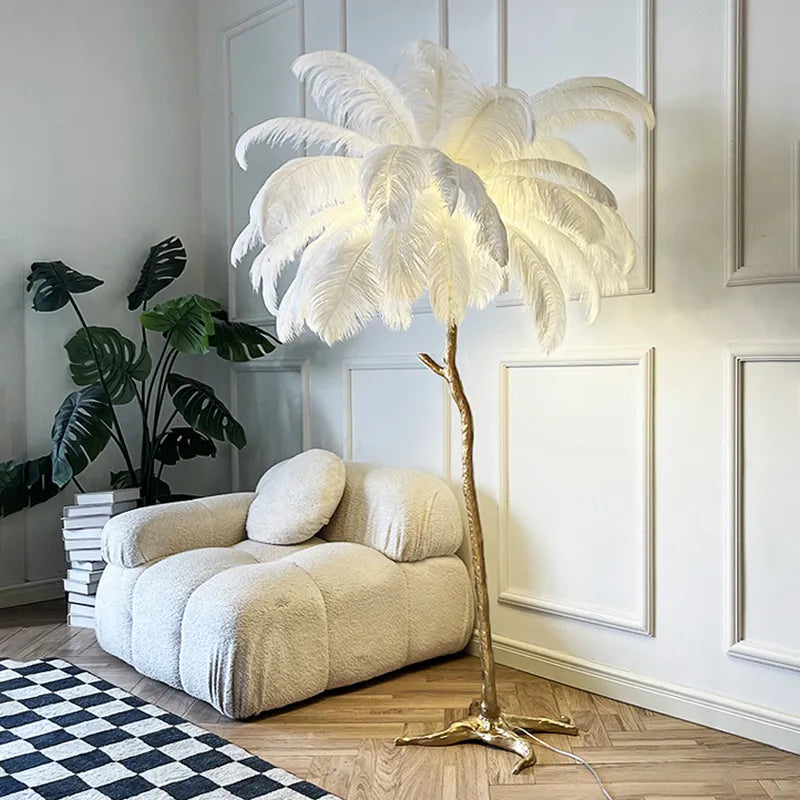 Aurelle Ostrich Feather Floor Lamp in Brass Copper Finish