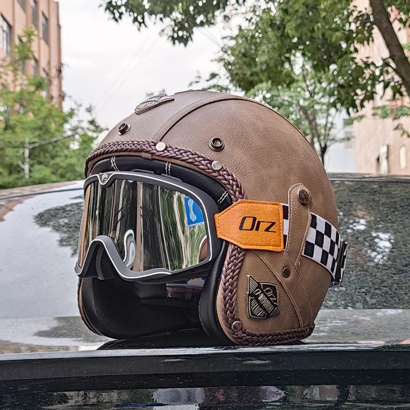 Retro 3/4 Öppen Motorcykelhjälm – PU-läder & DOT-certifierad