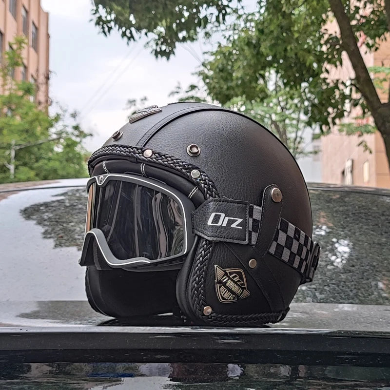 Retro 3/4 Öppen Motorcykelhjälm – PU-läder & DOT-certifierad