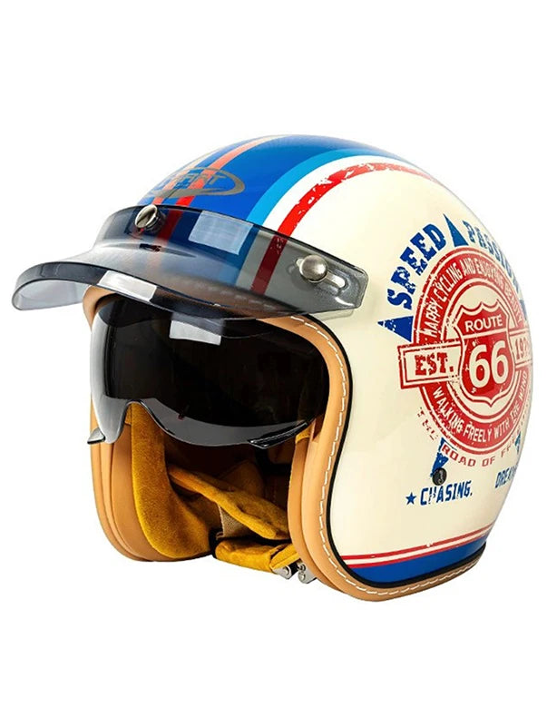 Vintage otevřená motocyklová přilba se sluneční clonou