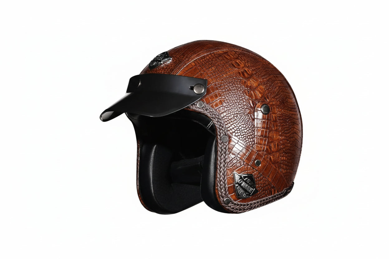 Retro 3/4 Öppen Motorcykelhjälm – PU-läder & DOT-certifierad