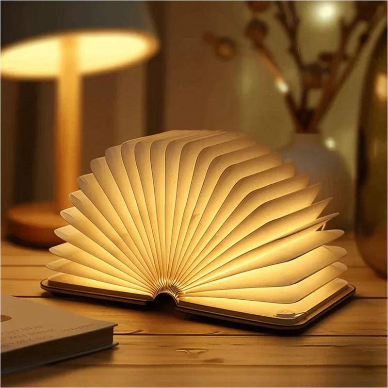 LumaLeaf Lampada da Libro Pieghevole per Lettura a Letto Lampada LED Senza Fili con Finitura in Legno