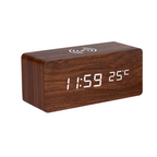 Wooden Finish Alarm Clock With Wireless Charger And Thermometer LED Display