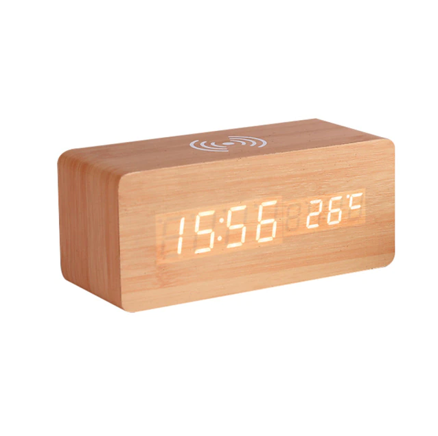 Wooden Finish Alarm Clock With Wireless Charger And Thermometer LED Display