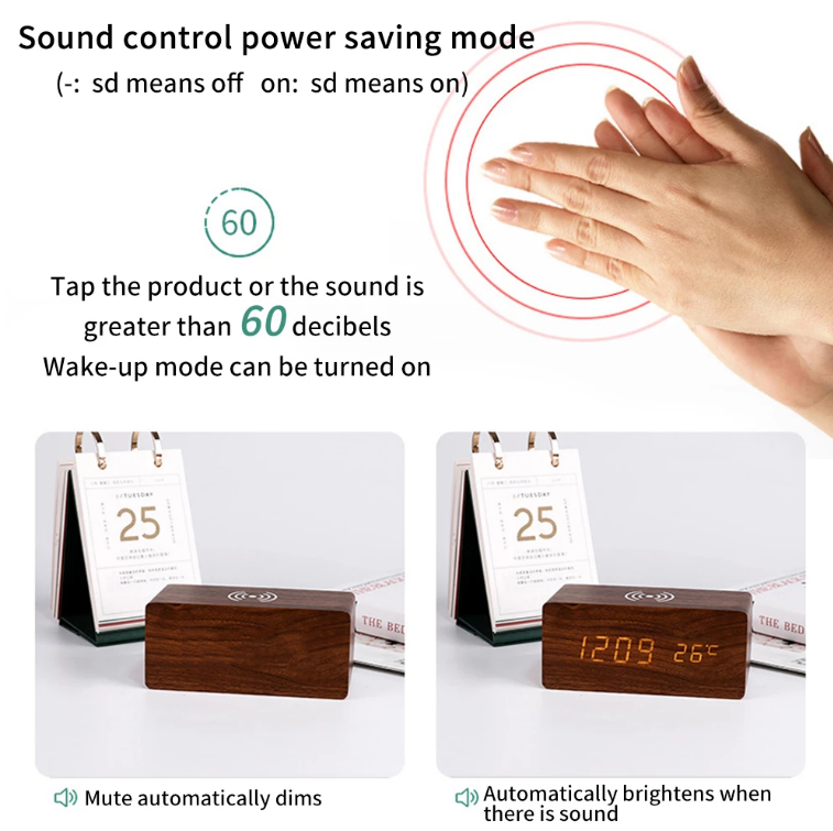 Wooden Finish Alarm Clock With Wireless Charger And Thermometer LED Display