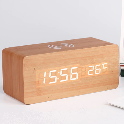 Wooden Finish Alarm Clock With Wireless Charger And Thermometer LED Display