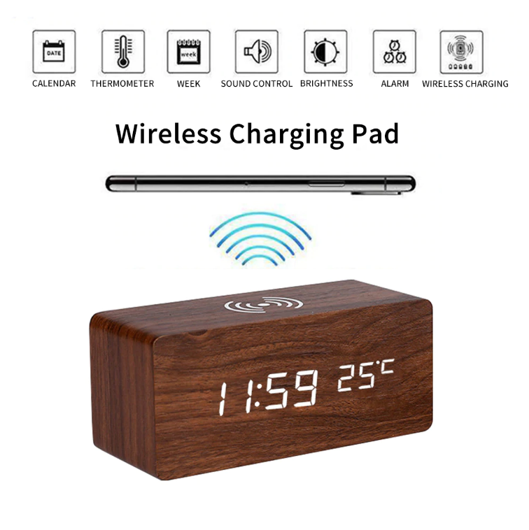Wooden Finish Alarm Clock With Wireless Charger And Thermometer LED Display