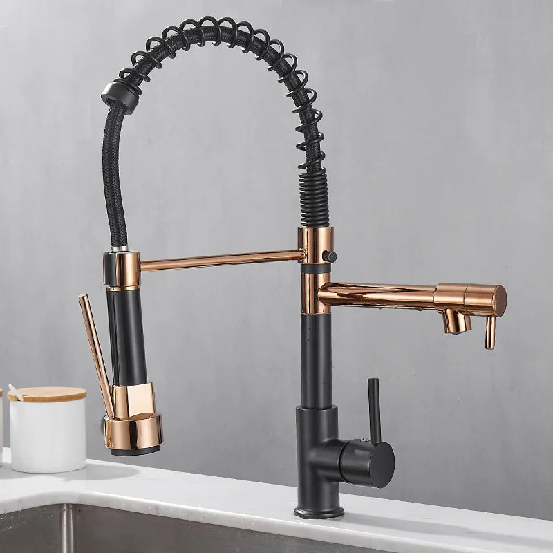 LumaFlow Dual Spout Kitchen Faucet In Black And Gold