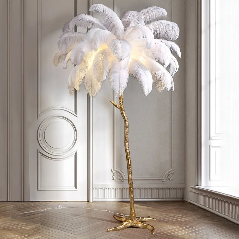 Aurelle Ostrich Feather Floor Lamp in Brass Copper Finish