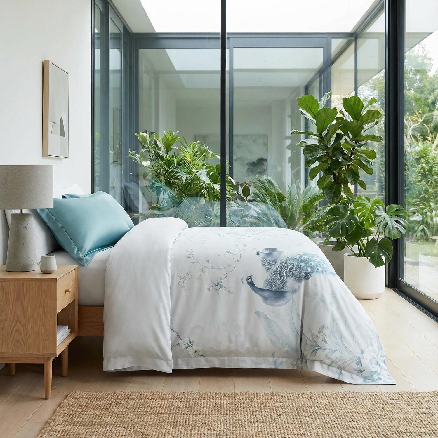 氷青色の地に花模様をあしらった静かな孔雀の寝具セット