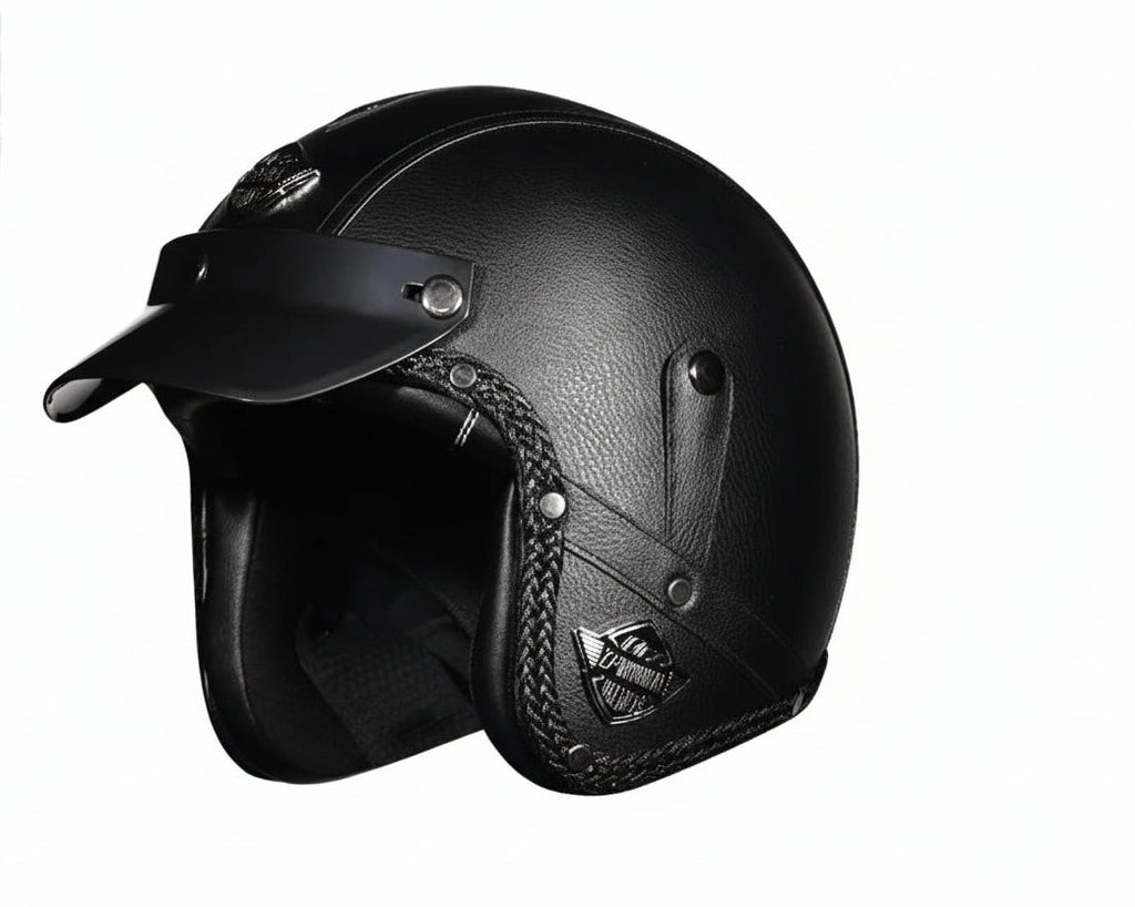 Retro 3/4 Öppen Motorcykelhjälm – PU-läder & DOT-certifierad