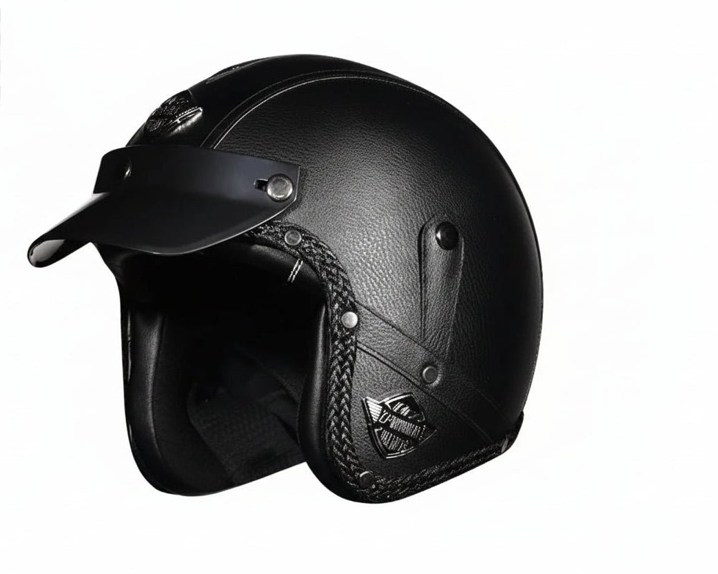 Retro 3/4 Öppen Motorcykelhjälm – PU-läder & DOT-certifierad