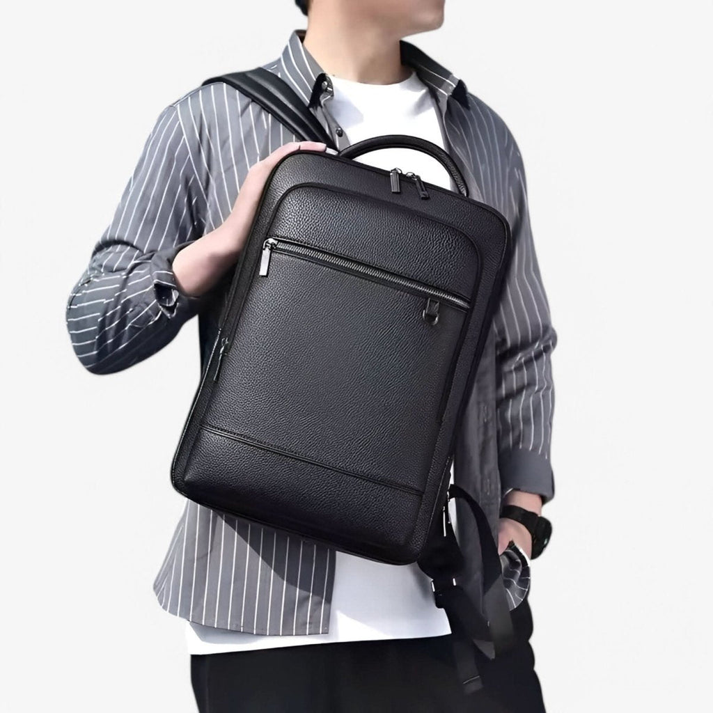 Elegant leather rucksack for men/women with USB port for laptop and everyday use, 15.6 inch, black