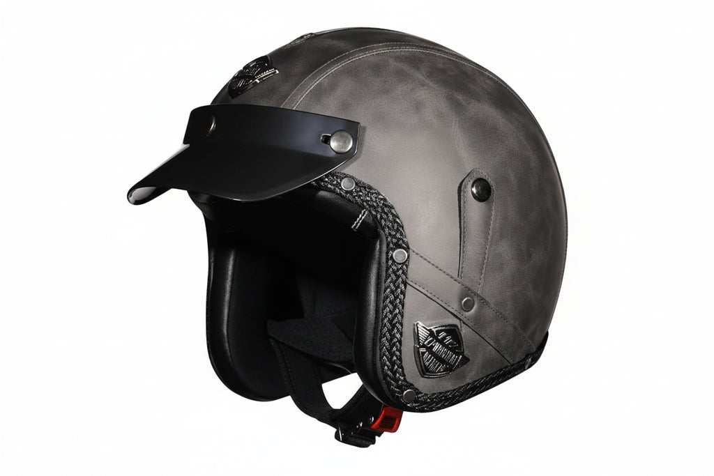 Retro 3/4 Öppen Motorcykelhjälm – PU-läder & DOT-certifierad