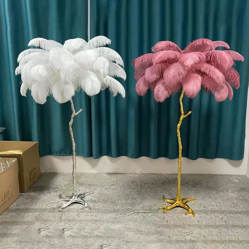 Aurelle Ostrich Feather Floor Lamp in Brass Copper Finish