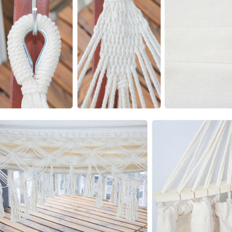 200x150cm Double Outdoor Camping Fringe Canvas Hammock with Pole (White)