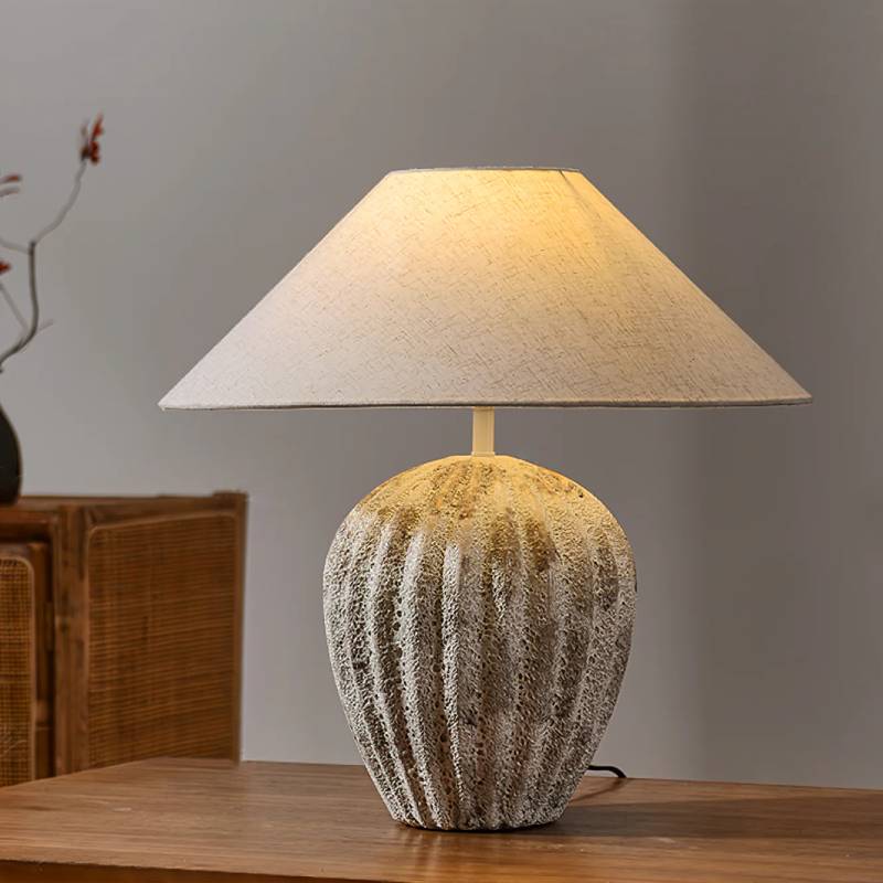 Earthy Ceramic Table Lamp With Linen Shade, Large Bedside Lighting