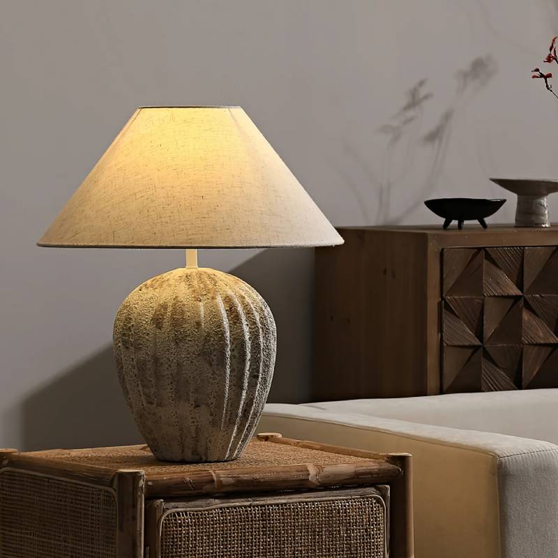 Earthy Ceramic Table Lamp With Linen Shade, Large Bedside Lighting