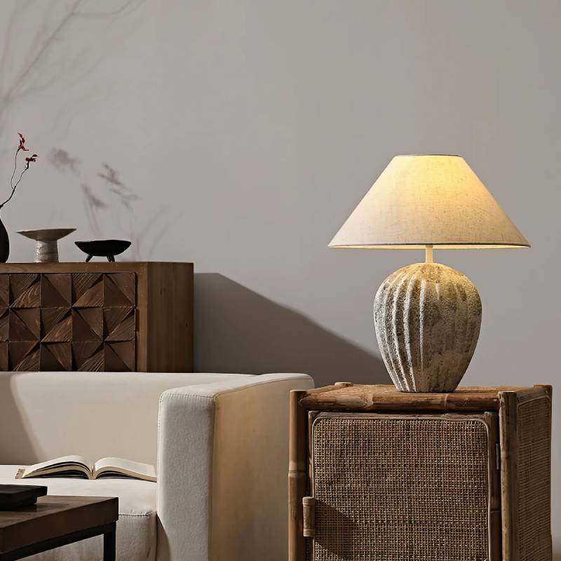 Earthy Ceramic Table Lamp With Linen Shade, Large Bedside Lighting