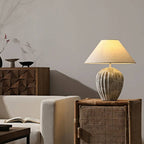 Earthy Ceramic Table Lamp With Linen Shade, Large Bedside Lighting