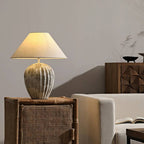 Earthy Ceramic Table Lamp With Linen Shade, Large Bedside Lighting
