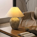 Earthy Ceramic Table Lamp With Linen Shade, Large Bedside Lighting