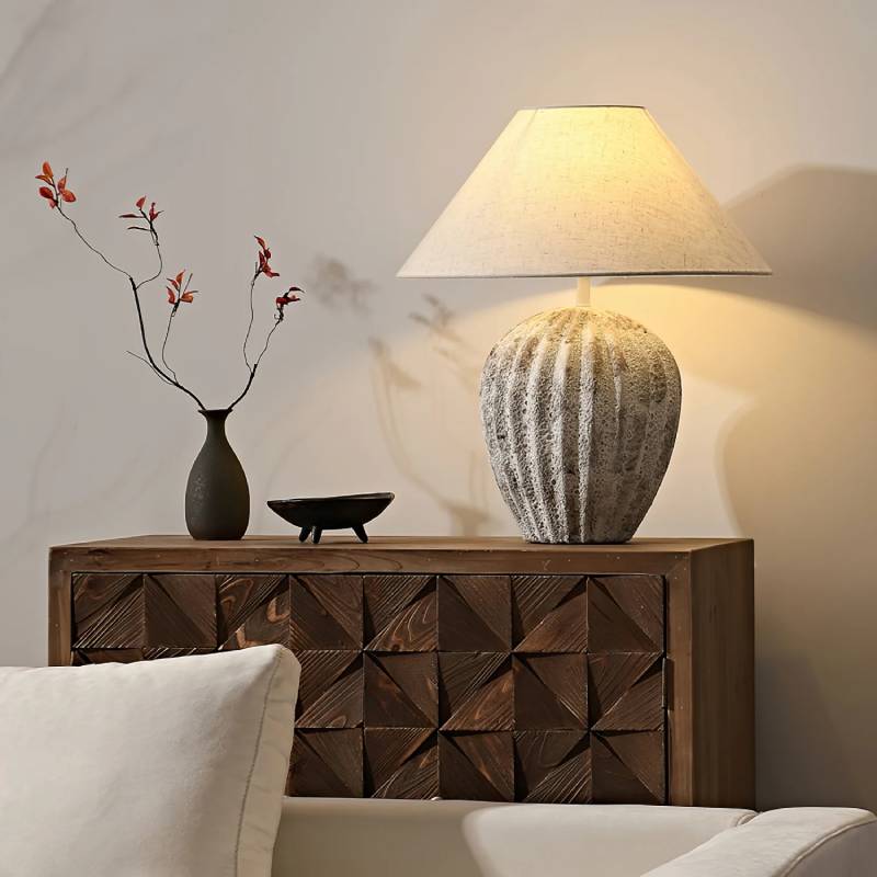 Earthy Ceramic Table Lamp With Linen Shade, Large Bedside Lighting