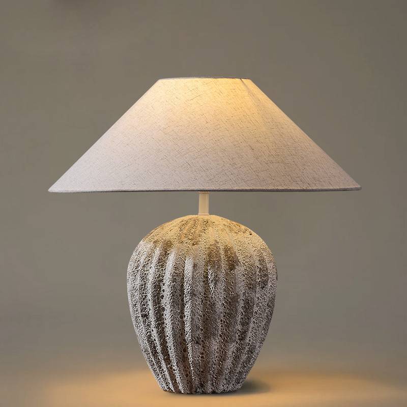 Earthy Ceramic Table Lamp With Linen Shade, Large Bedside Lighting