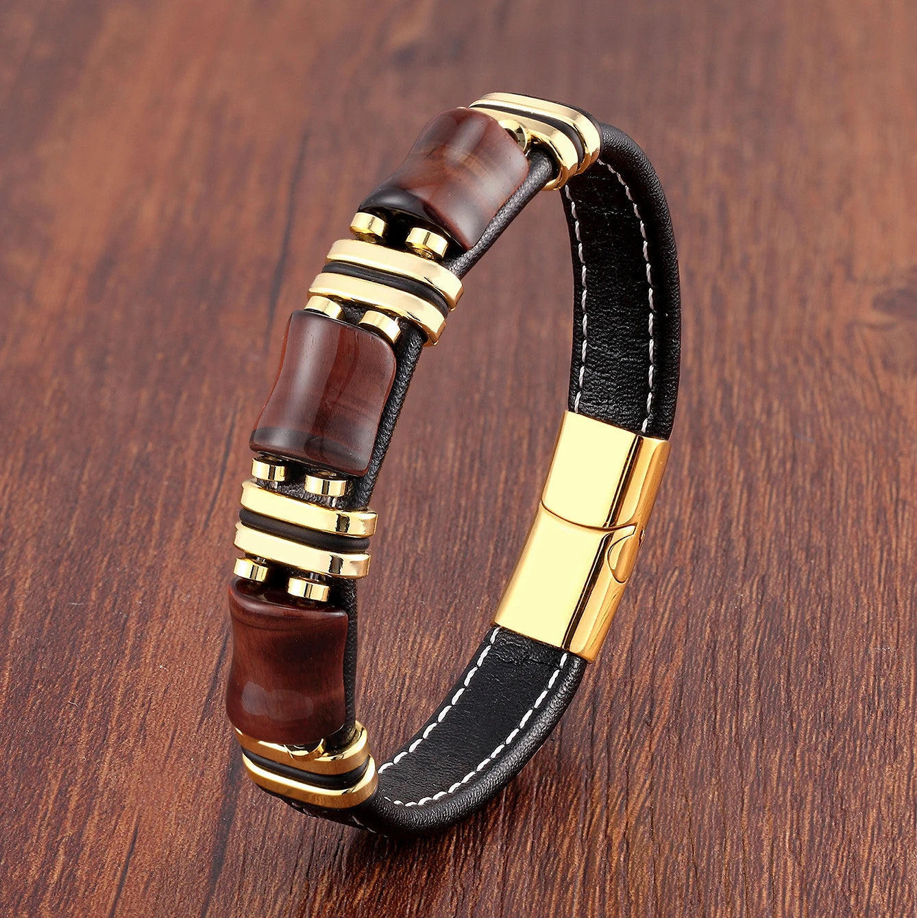 Bracciale in pelle con occhio di tigre audace per uomo dallo stile accattivante
