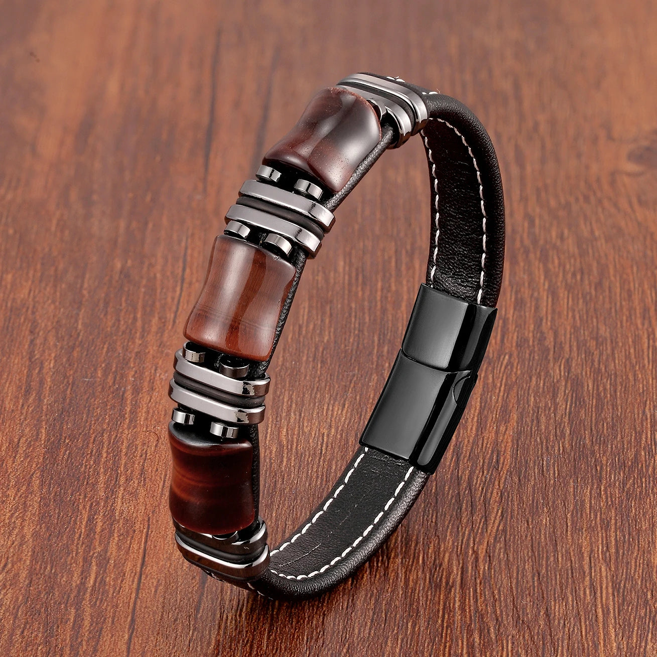 Bracciale in pelle con occhio di tigre audace per uomo dallo stile accattivante