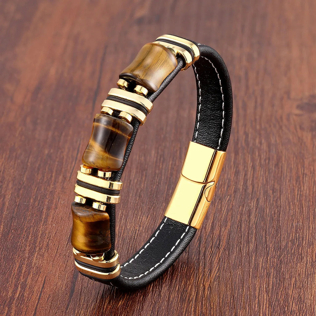 Bracciale in pelle con occhio di tigre audace per uomo dallo stile accattivante