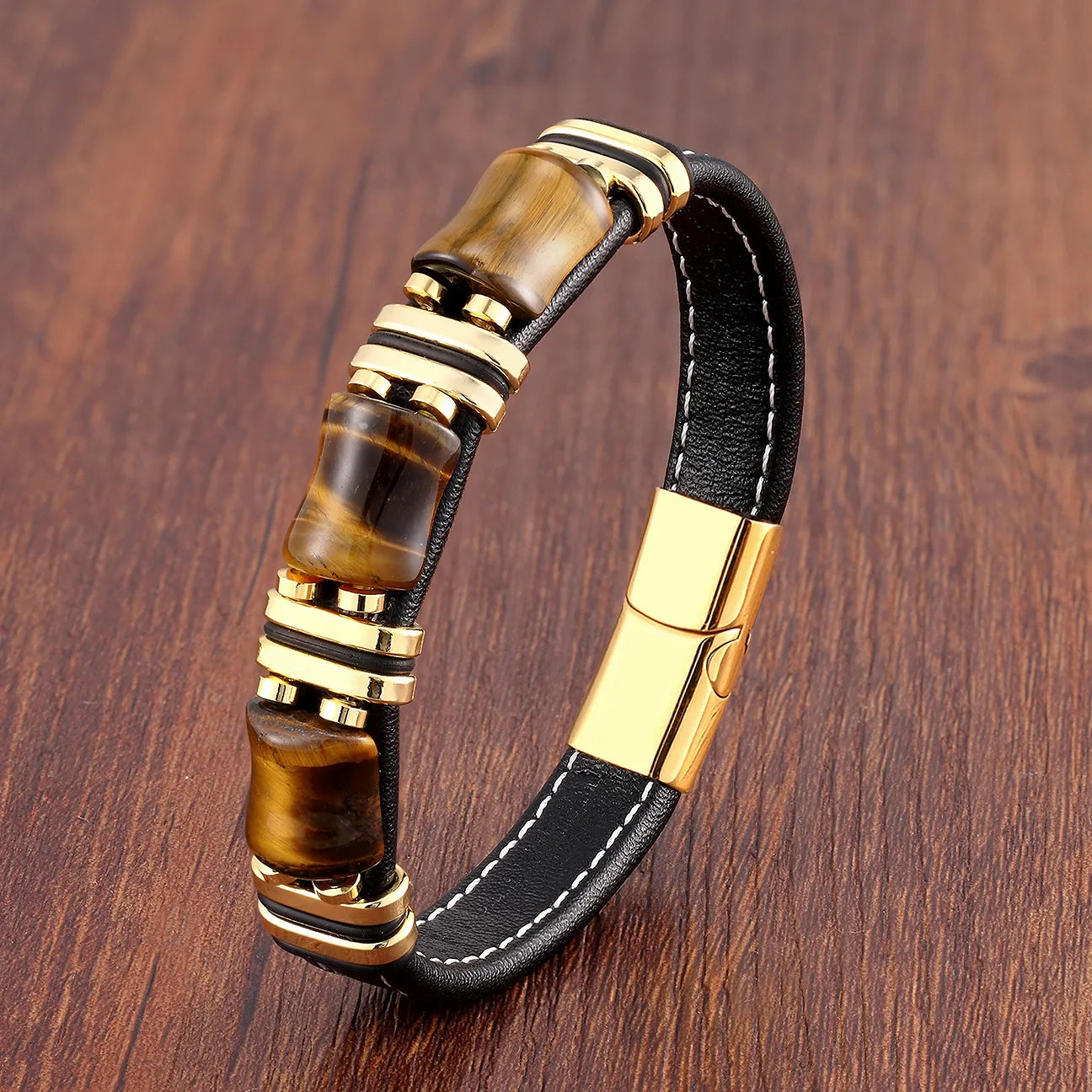 Bracciale in pelle con occhio di tigre audace per uomo dallo stile accattivante
