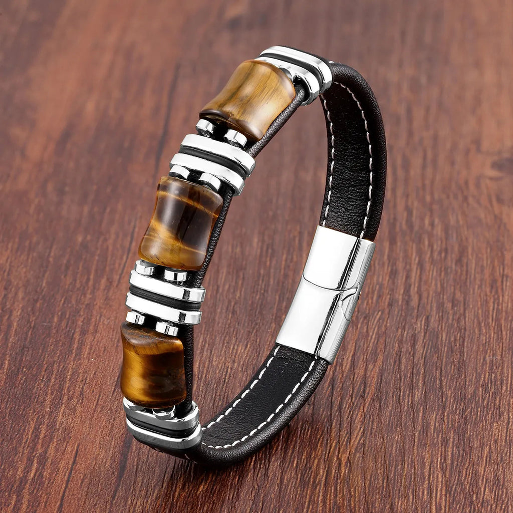 Bracciale in pelle con occhio di tigre audace per uomo dallo stile accattivante