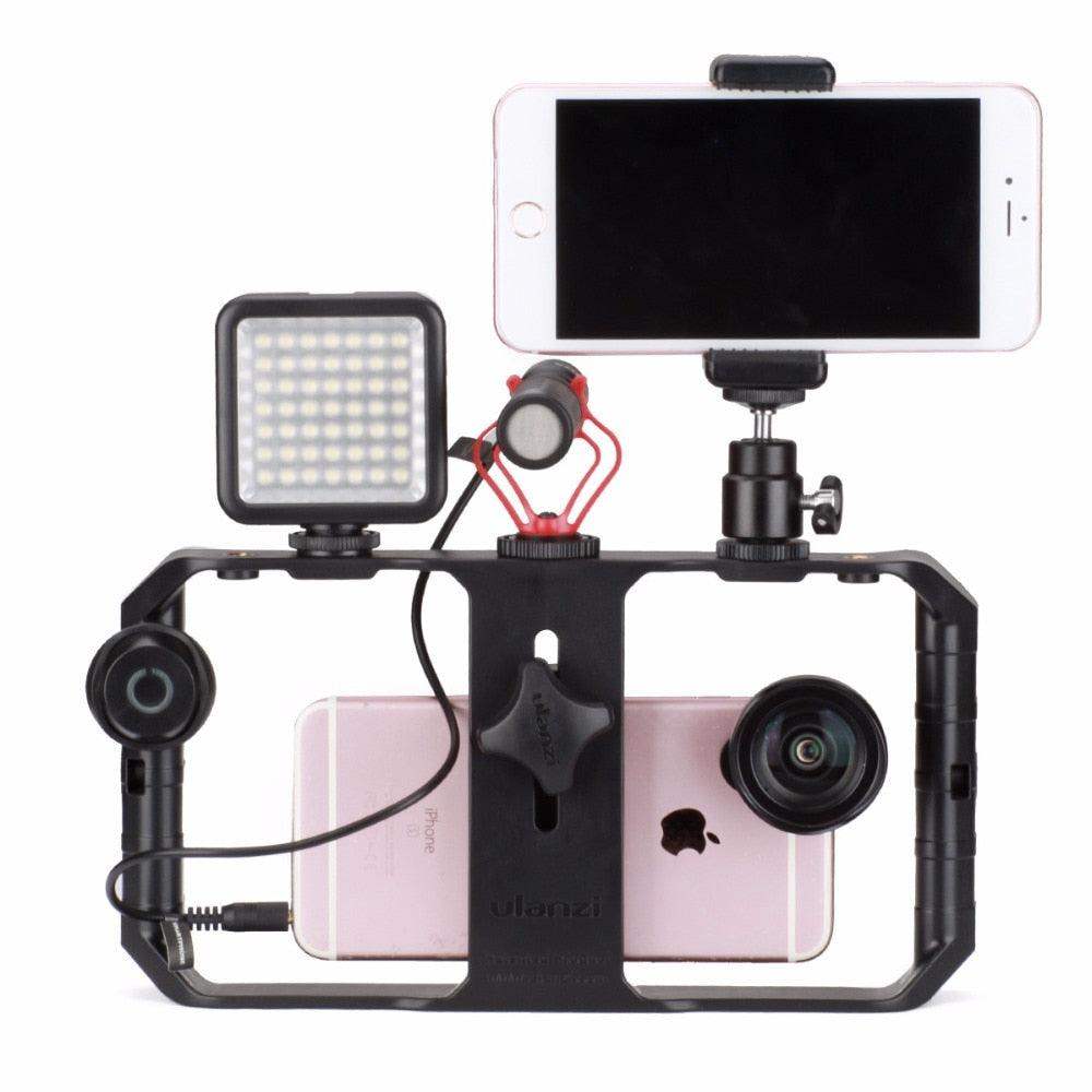 Suporte de Vídeo para Telemóvel com Luz para Filmagem em Movimento e Imagens Estáveis