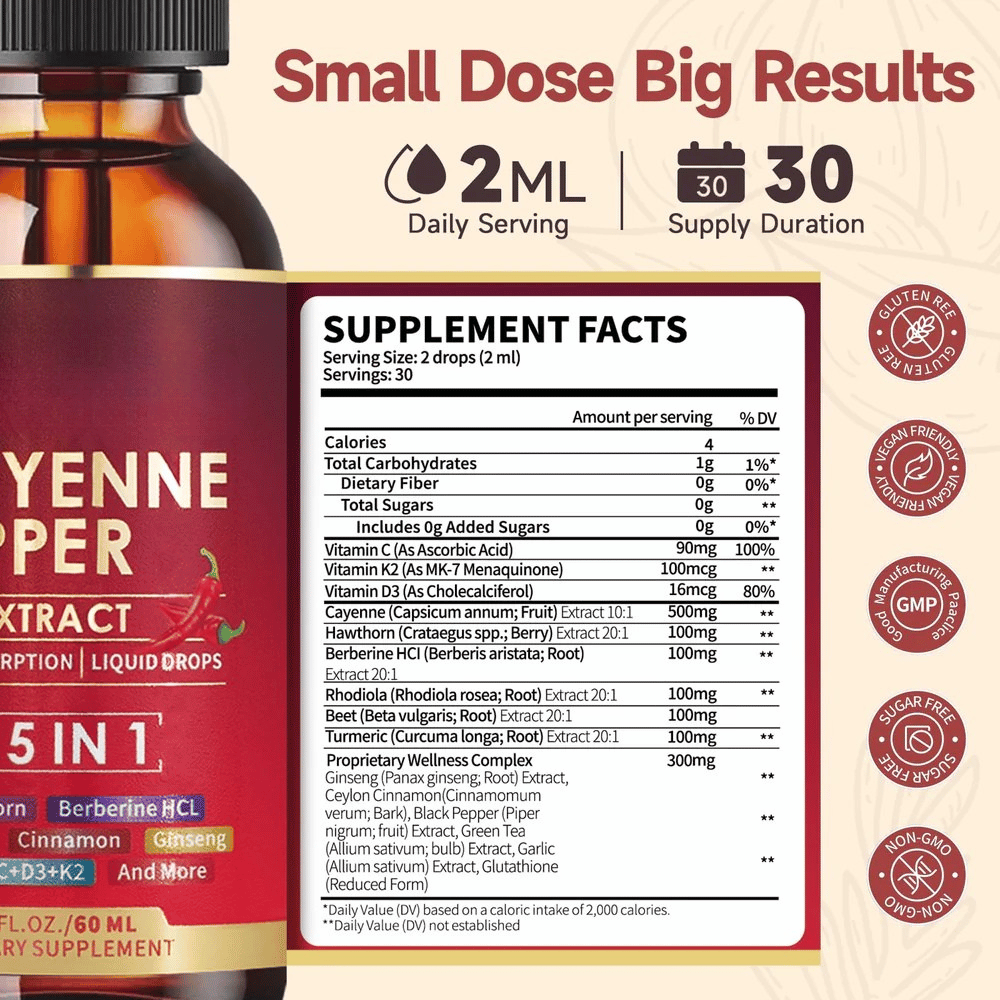 Gouttes liquides de piment de Cayenne pour une circulation saine et le bien-être quotidien