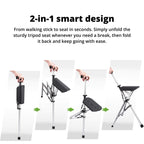 Tongkat Jalan dengan Tempat Duduk - Kerusi Tongkat Lipat Mudah Alih untuk Keselesaan Semasa Bergerak | Sokongan Mobiliti