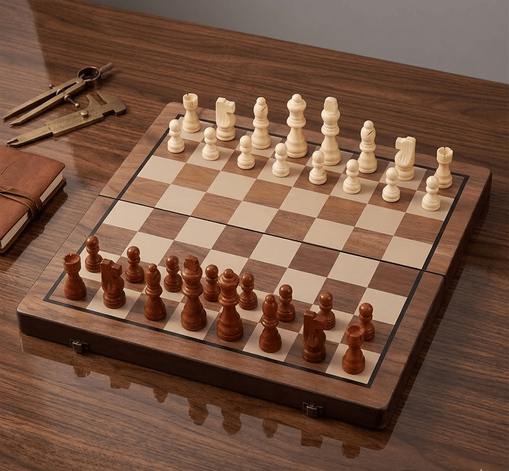 Tabuleiro de Torneio Incluído numa Coleção de Xadrez em Madeira com Peças Clássicas
