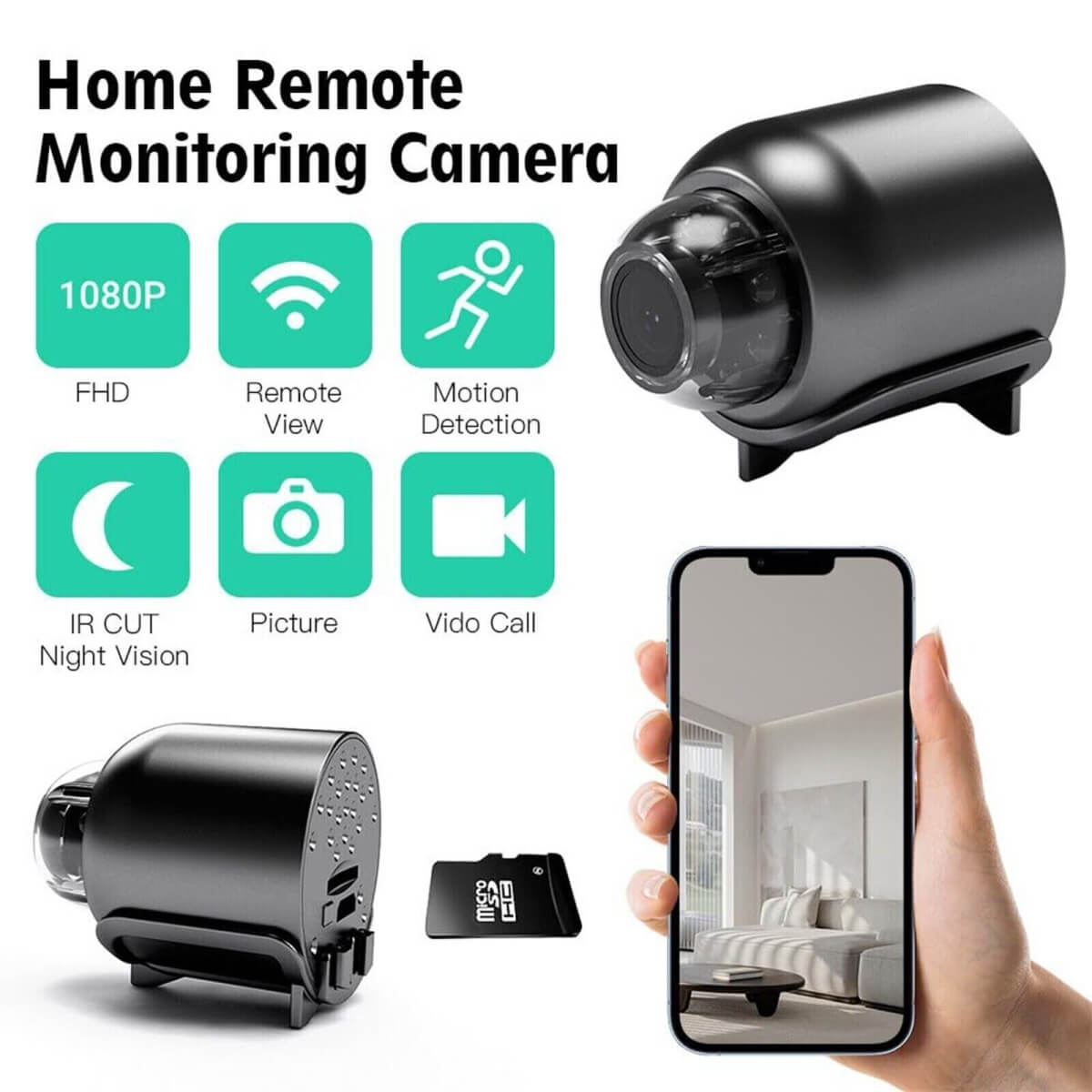 Su Geçirmez HD Mini Kamera Gece Görüşlü IP WiFi 1080P 160 Derece Geniş Açı