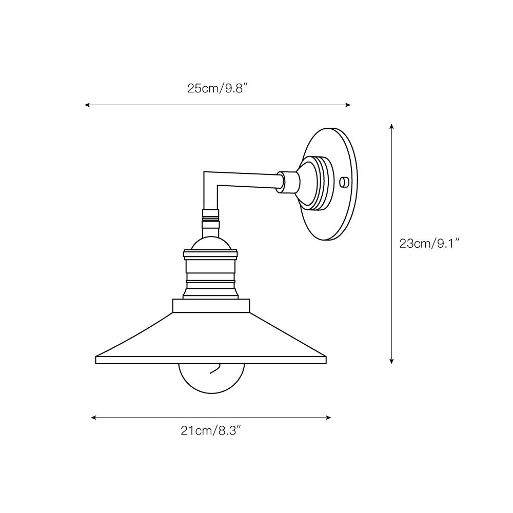 מנורת קיר מברונזה עתיקה עם כיסוי קוני ונורה גלויה