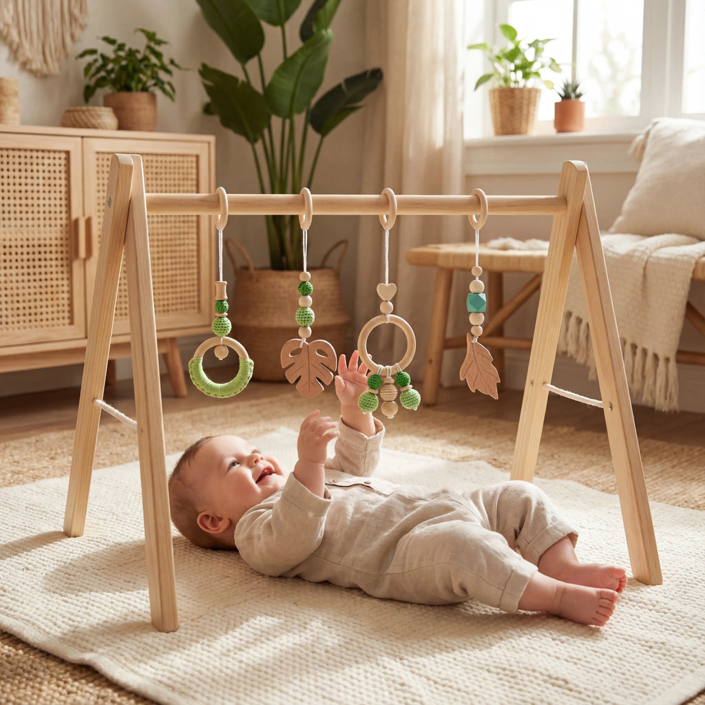 Von Montessori inspiriertes, blattförmiges Holz-Babyspielgerät mit Hängespielzeug | petprovac